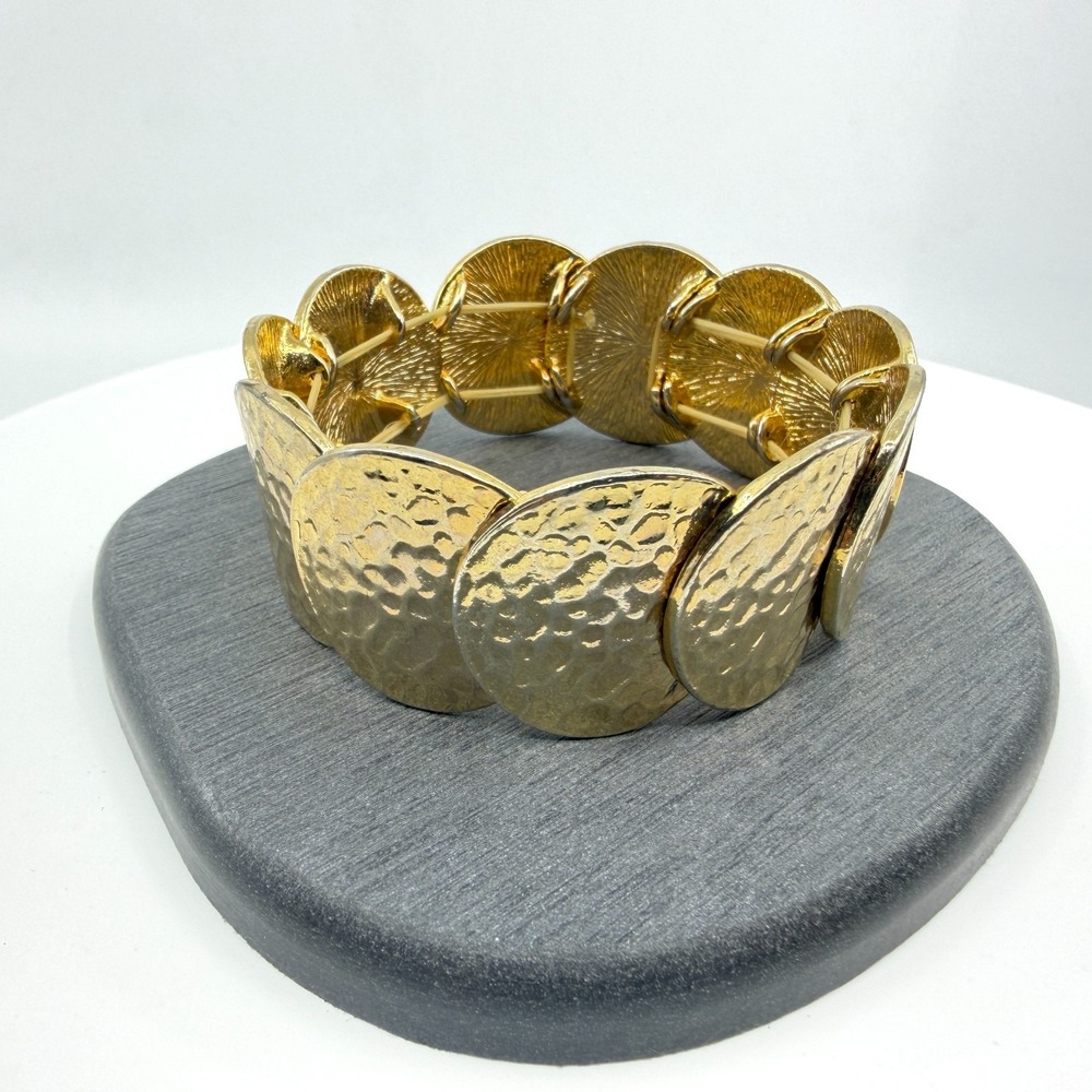 Gold Tone Hammered Disc Statement Bracelet Chunky Boho Layering Festival Gift